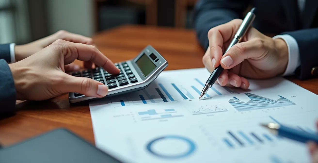 Mains analysant des graphiques financiers avec calculatrice et documents