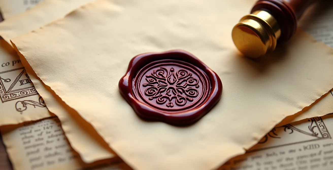 Vue macro de documents juridiques avec tampons et sceaux officiels