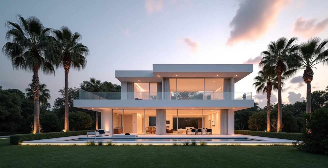 Paysage minimaliste avec architecture moderne floridienne et palmiers