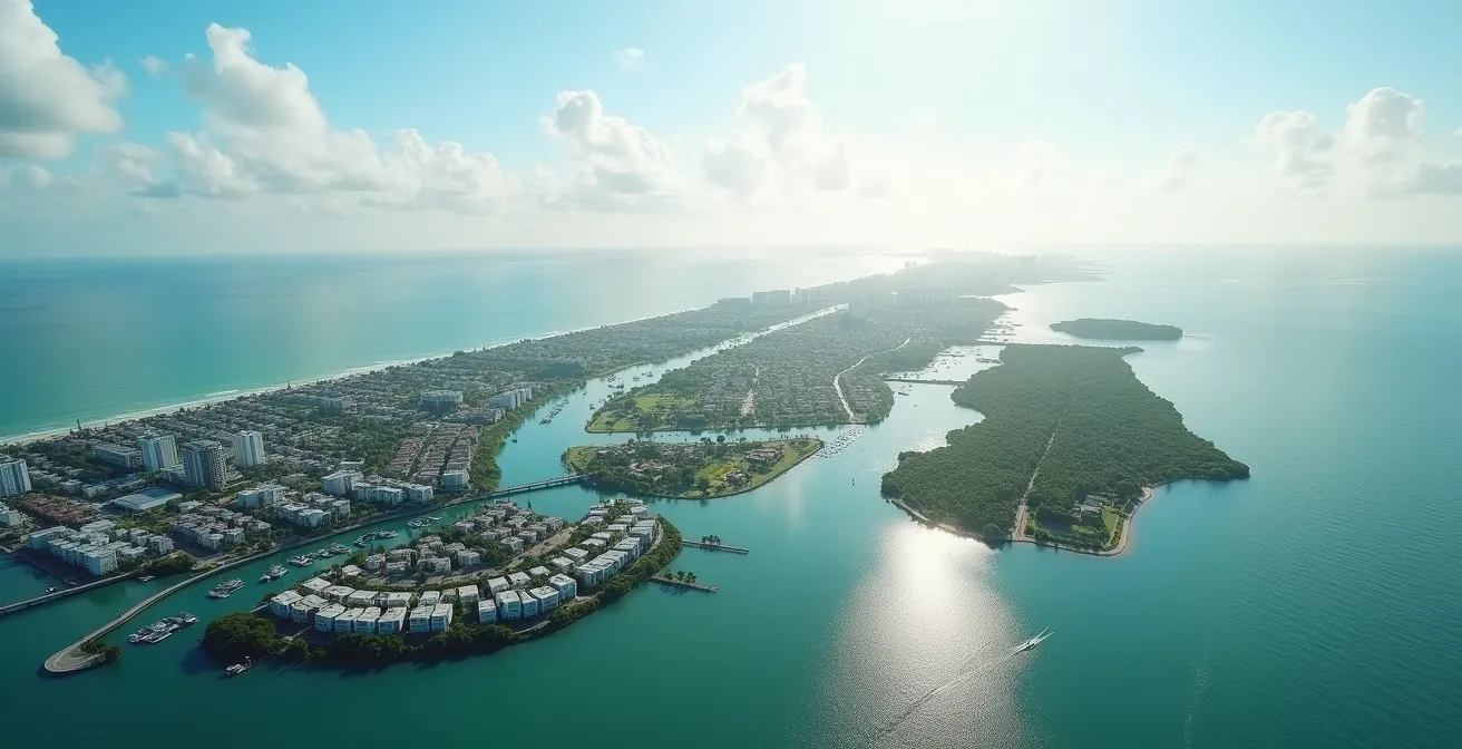 Vue aérienne des différents quartiers de Miami avec codes couleur d'investissement