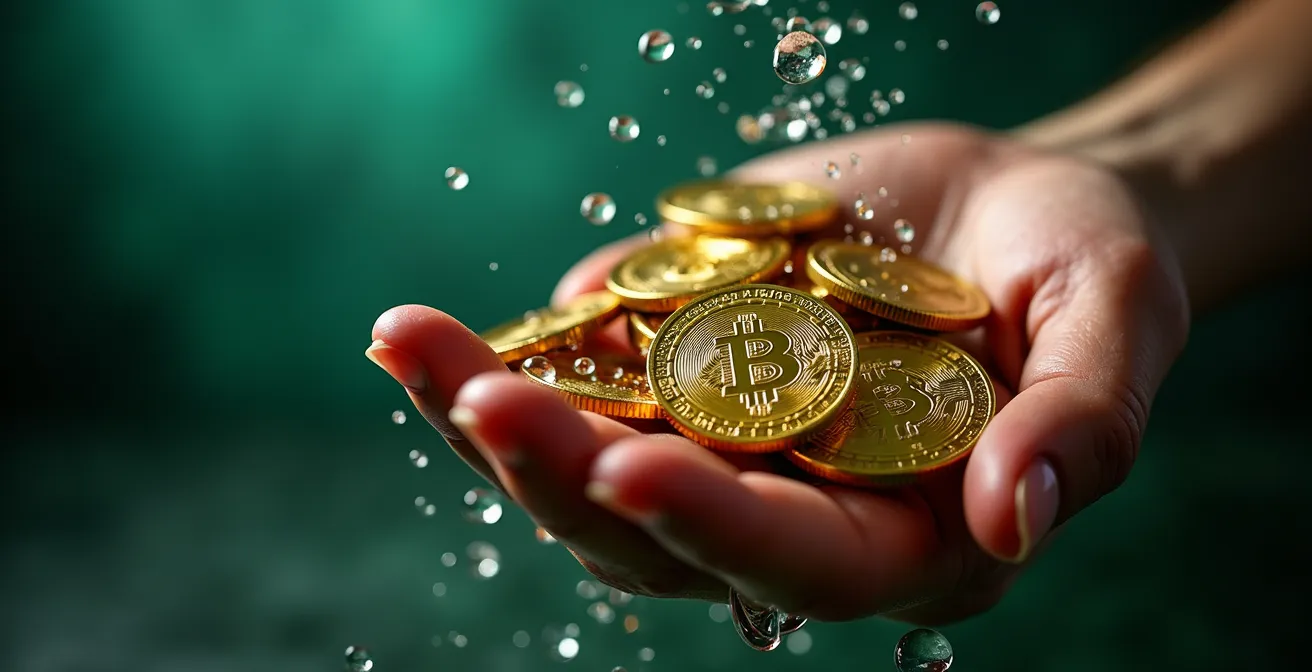 Détail macro d'une cascade de pièces dorées tombant dans une main