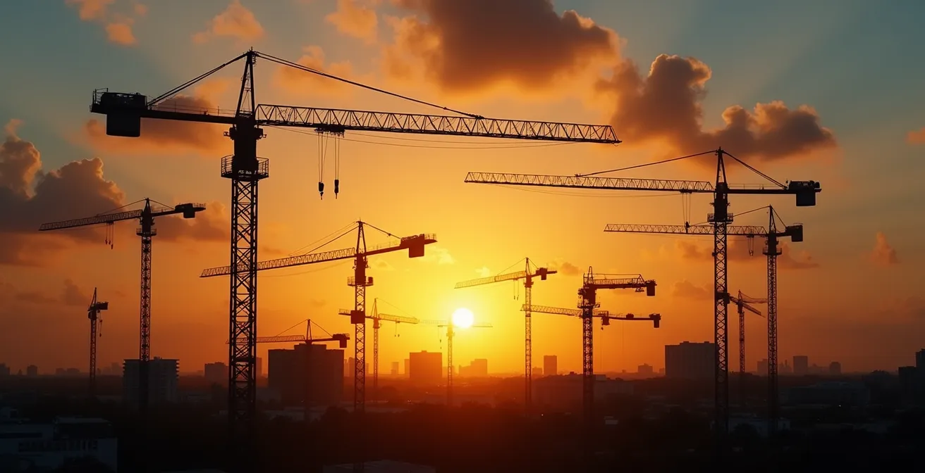 Chantier de construction avec grues au coucher du soleil sur fond de Miami
