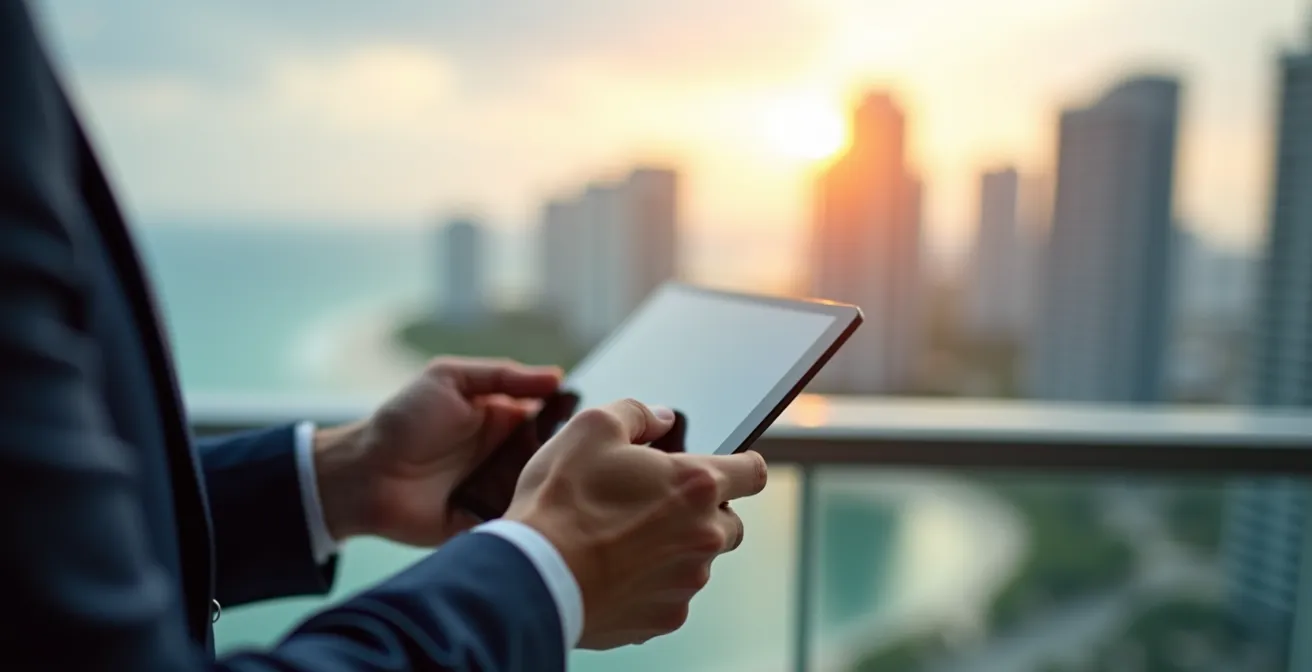 Property manager consultant une tablette numérique sur un balcon avec vue sur Miami