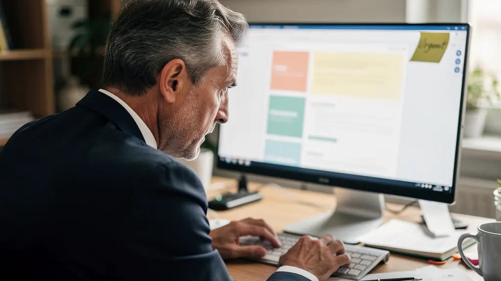 Propriétaire de locaux professionnels concentré devant son écran de gestion immobilière