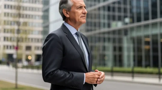 Propriétaire observant un immeuble de bureaux moderne pour gestion locative professionnelle