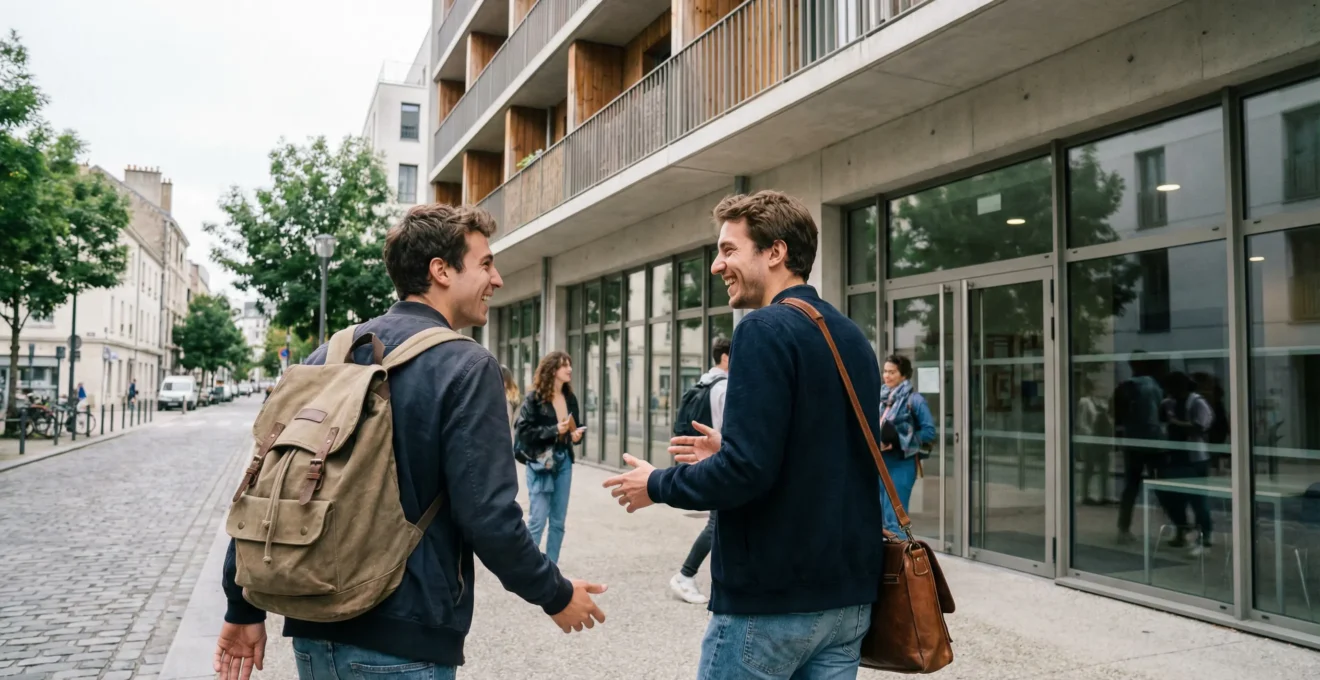 Étudiants entrant dans une résidence étudiante moderne en France, investissement LMNP ancien