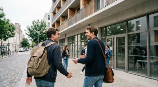 Étudiants entrant dans une résidence étudiante moderne en France, investissement LMNP ancien
