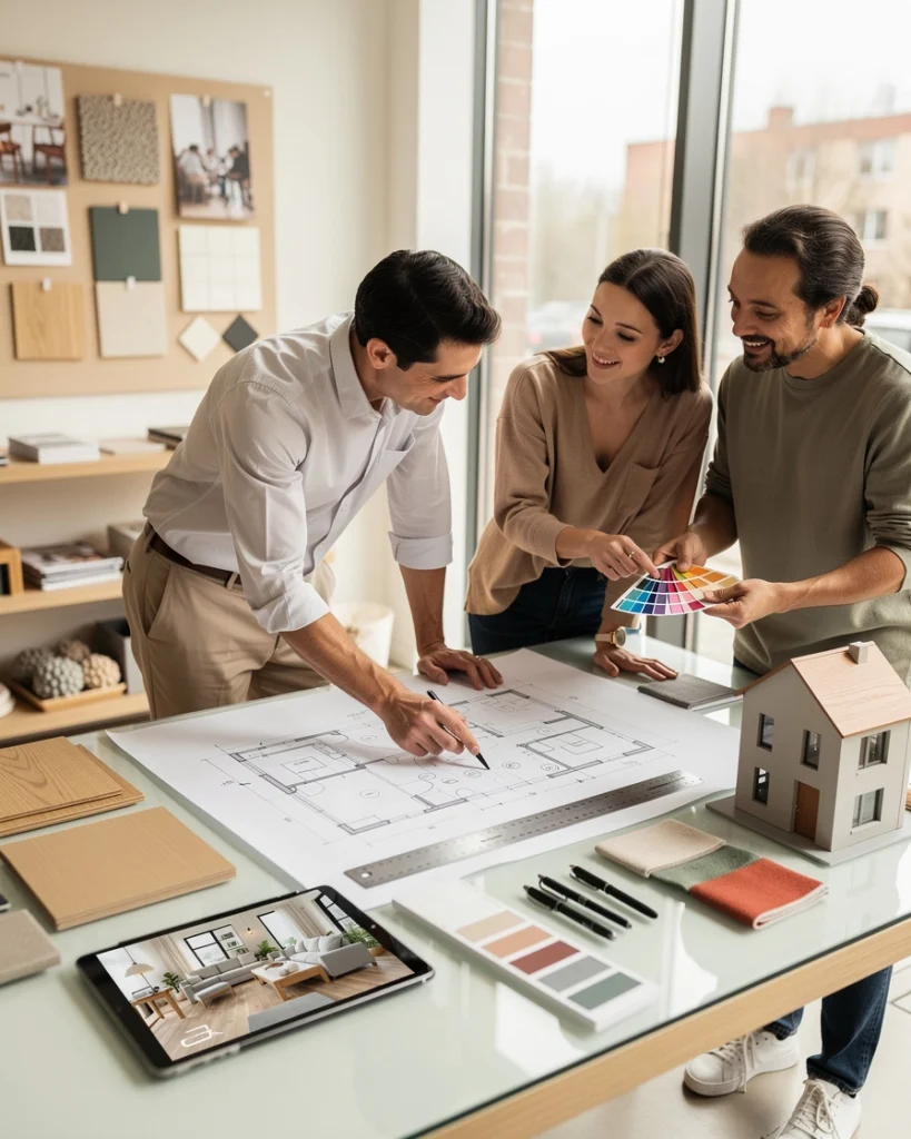 un couple discute avec un artisan de la conception de leur maison