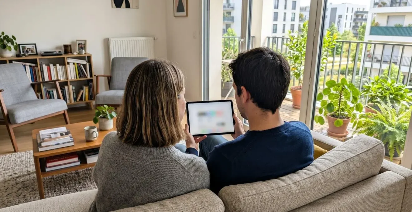 Un couple vu de dos consulte ensemble des données immobilières sur une tablette dans un salon contemporain lumineux