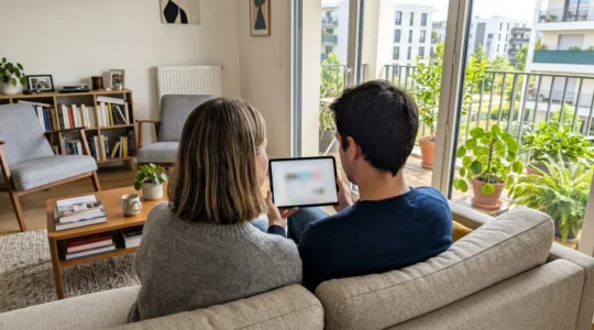 Un couple vu de dos consulte ensemble des données immobilières sur une tablette dans un salon contemporain lumineux