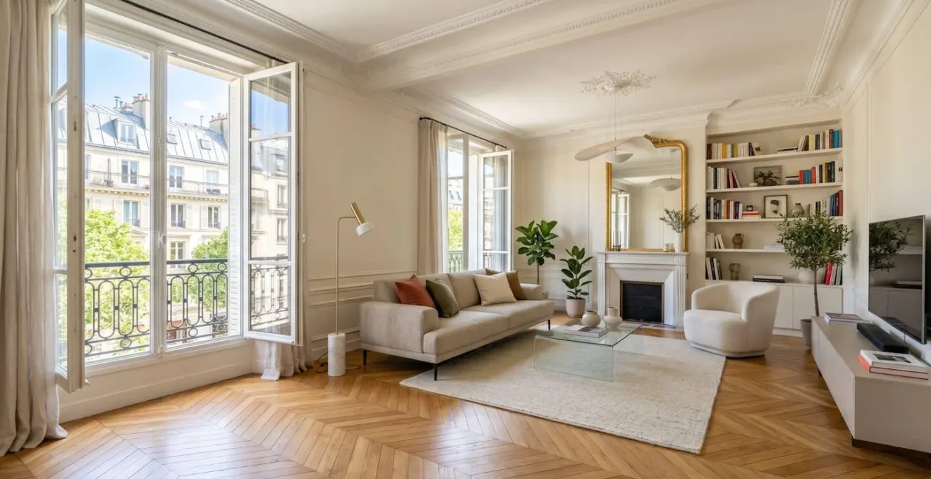 Vue large d'un salon contemporain français lumineux avec grandes fenêtres et parquet clair, sans présence humaine